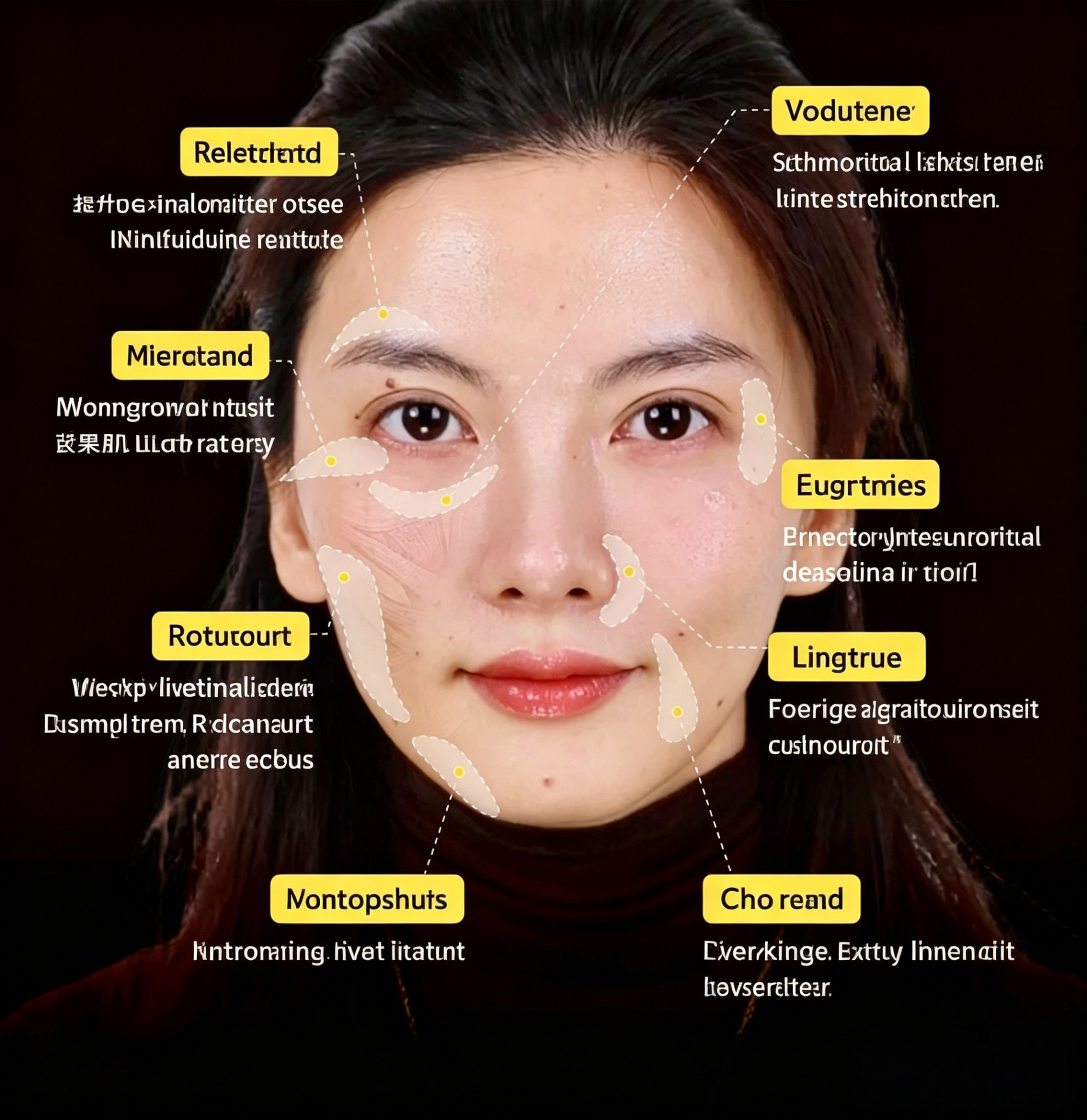 Sculptra treatment zones — cheeks, temples, marionette, and midface anatomy diagram