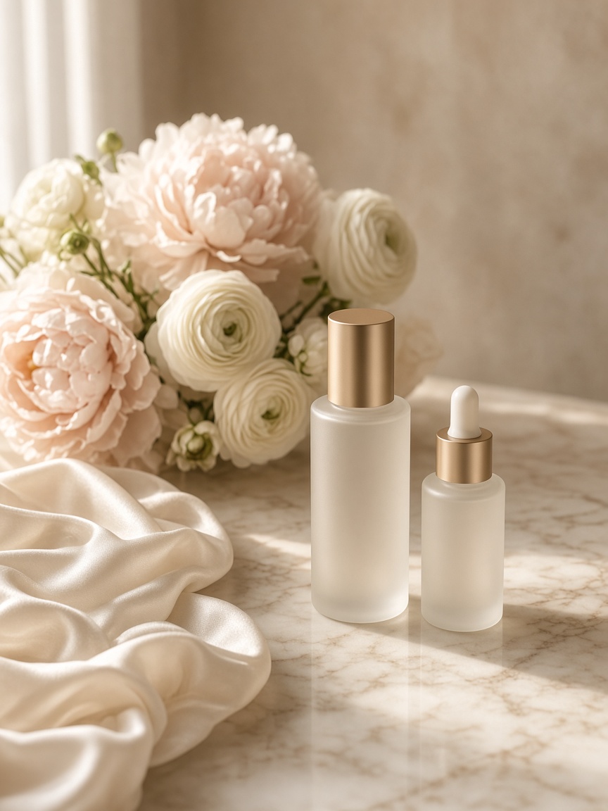 Soft floral and skincare still life
